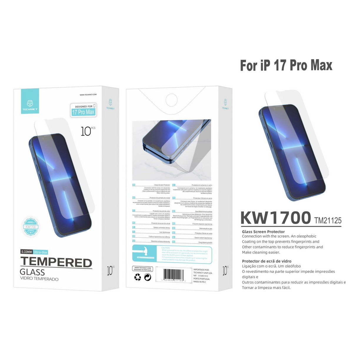 Techancy hærdet glasfilm til iPhone 17 Pro Max KW1700, 0,33 mm ultratynd, anti-fingeraftryk, anti-ridse, HD klar