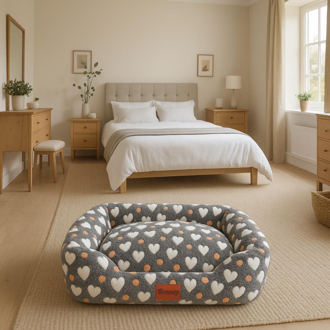 Yommy Dog Bed with Paw Print or Heart Design | Soft Flannel Fabric | Non-Slip Base | 3 Sizes: S (16.5×21.5 in), M (20.5×25.5 in), L (24.5×30.5 in) | 3 Colors