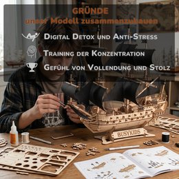 Galeone aus Holz mit LED-Beleuchtung – 3D-Holzpuzzle 583 Teile, Schiffsmodell mit Segeln und Takelage, Modellbausatz ab 12