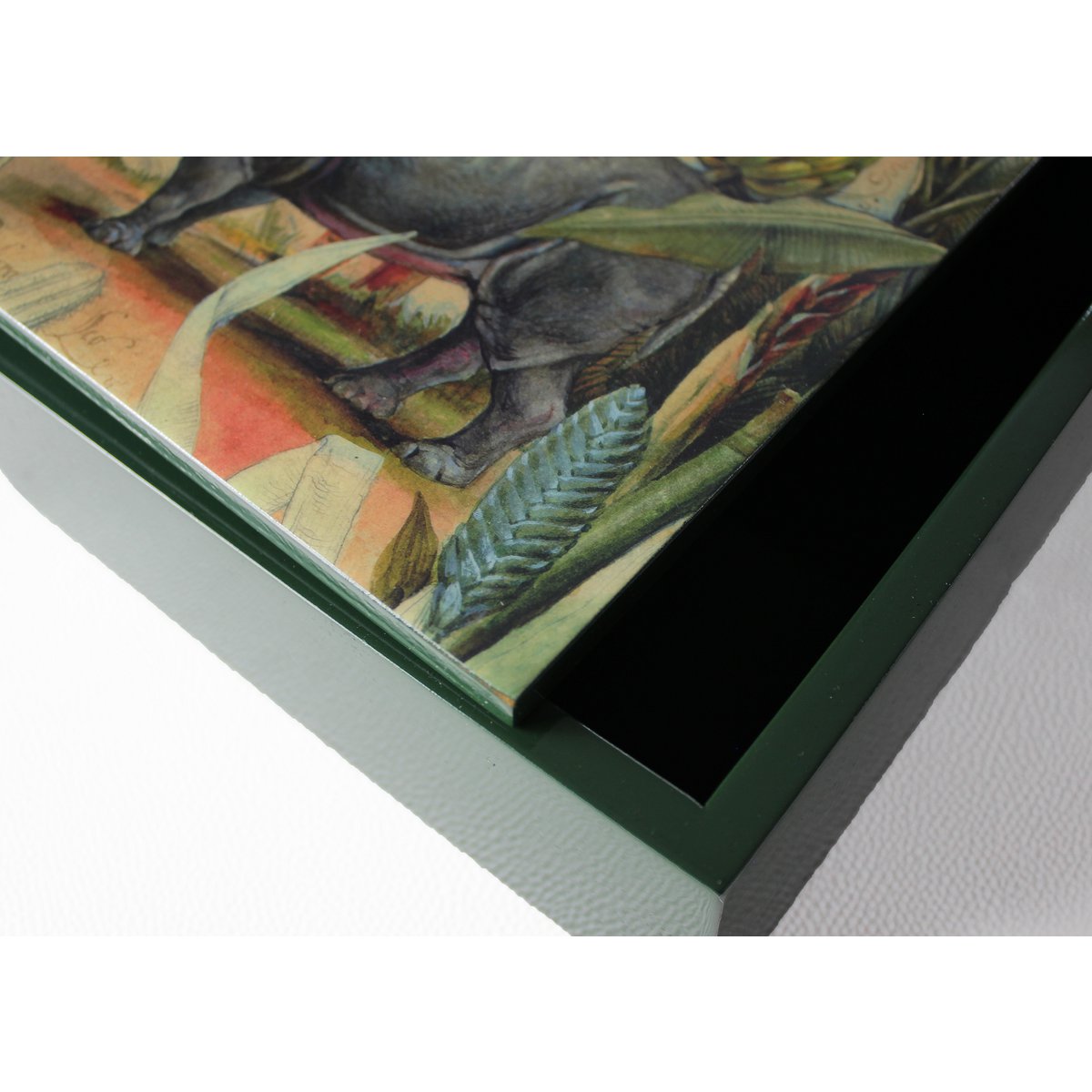 Box rhino palm trees antique painting square green
