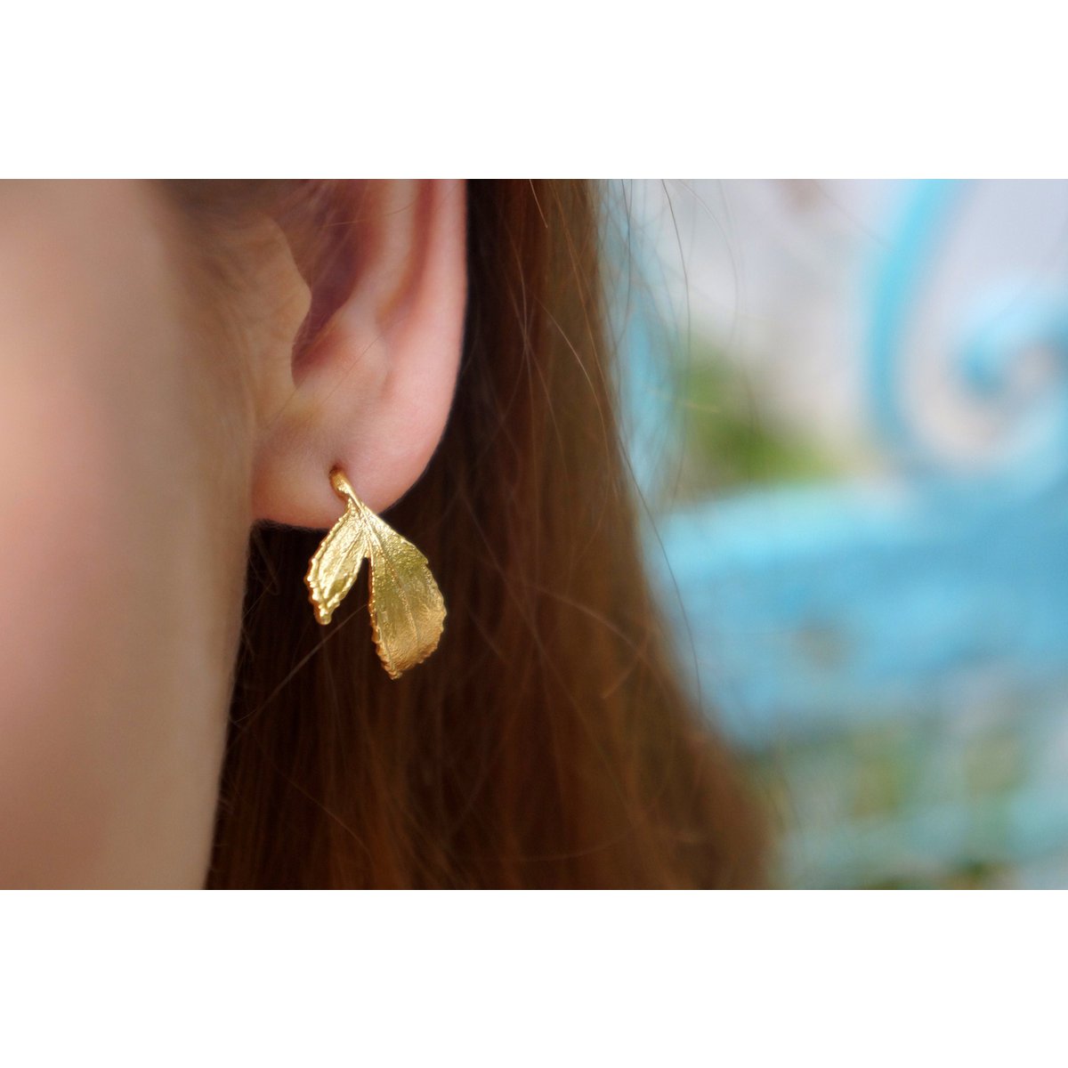 Hoop Earrings: Real Rose Leaves - Gold Plated Sterling Silver