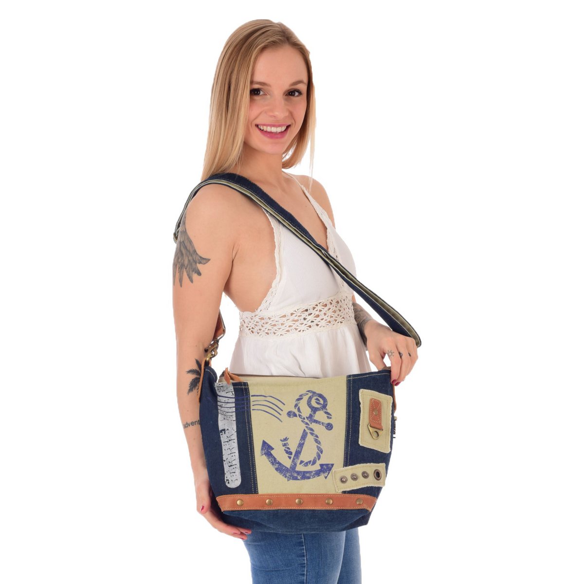 Sac bandoulière femme Sunsa. Sac bandoulière en jean et toile upcyclés. Sac à main style rétro vintage. Sac bandoulière pour femme.