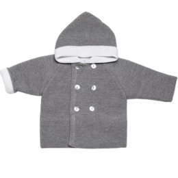 Abrigo con capucha gris jaspeado, 100% lana merino de la mejor calidad
