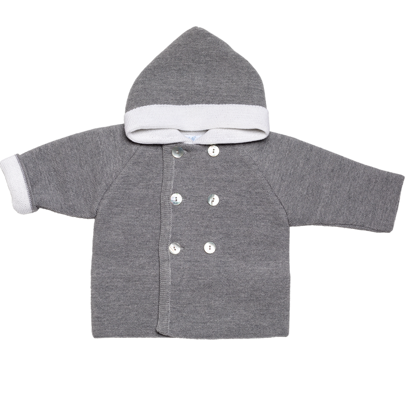 Abrigo con capucha gris jaspeado, 100% lana merino de la mejor calidad