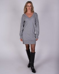 Robe tricotée femme gris chiné manches longues col V - LARVIK