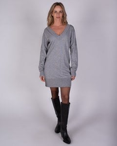 Women's knitted dress in gray melange long sleeves with V neck - LARVIK