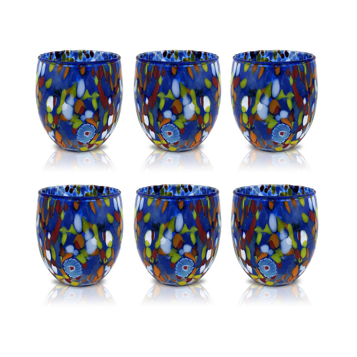 Klassieke waterglazen van handgeblazen en handgemaakt glas met Murano Murrine, lijn “I Colori di Murano”, 320 ml. Gemaakt in Italië