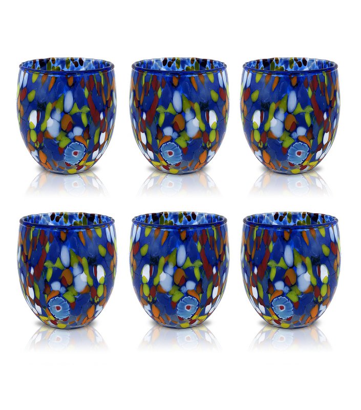 Klassieke waterglazen van handgeblazen en handgemaakt glas met Murano Murrine, lijn “I Colori di Murano”, 320 ml. Gemaakt in Italië