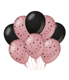 A bouquet of pink and black balloons with polka dot patterns, suitable for a variety of occasions.
