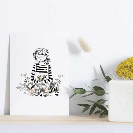 Card These Few Flowers - Girl with Bouquet of Flowers Striped Blue Pullover and jumpsuit