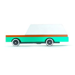 Teal and red wagon toy car with white cargo bed, colorful striped design, rounded shape, children's toy vehicle.