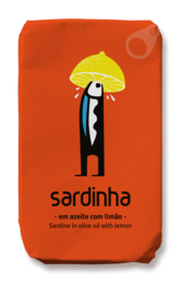 Canned sardines in olive oil with lemon. The image depicts a stylized illustration of a sardine character holding an umbrella against an orange background.