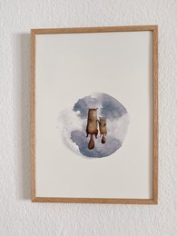 A watercolor painting of two otters floating in a circular frame against a cloudy sky background. The otters appear to be playful and whimsical, making this a suitable poster for a child's room.
