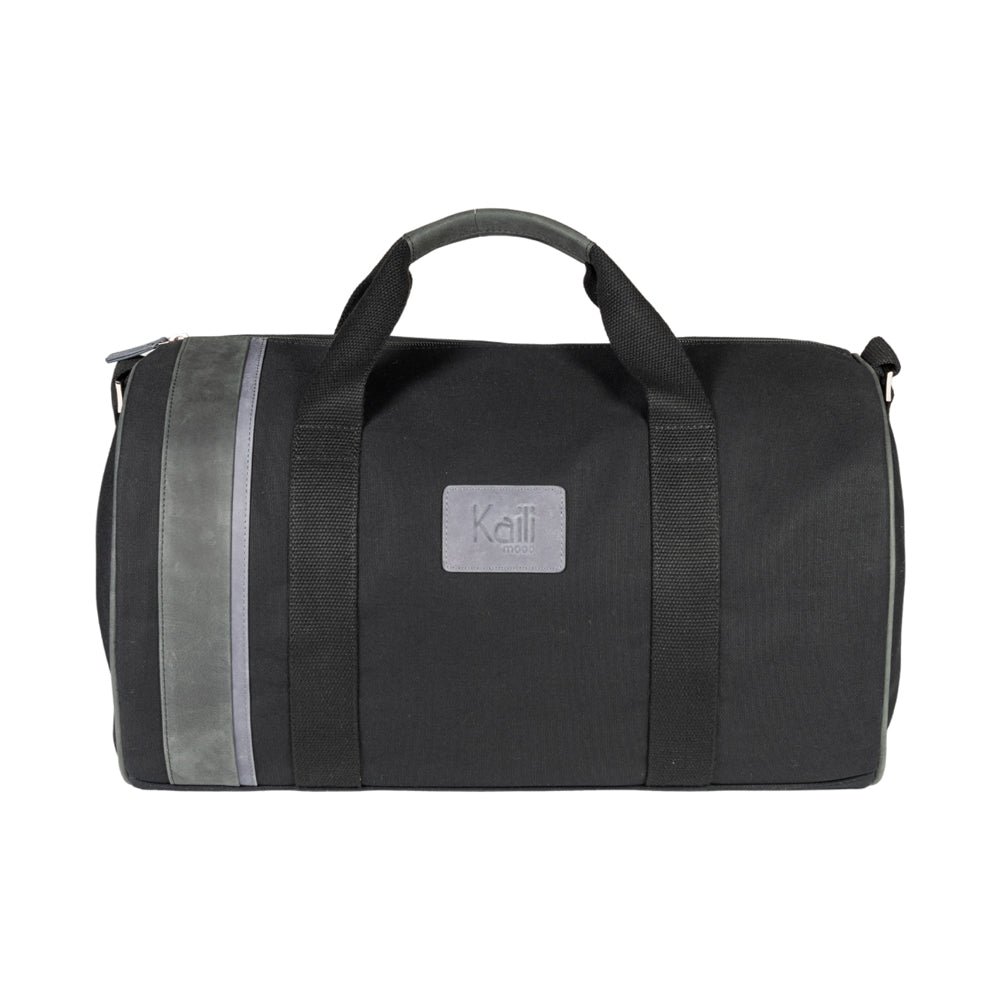 K2006AF | Travel bag in 100% Cotton Canvas/Genuine Leather, full grain, Naked - Black colour, zip closure. Dimensions: 45 x 25 x 28 cm - Packaging: TNT bag