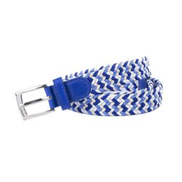 Braided elastic kids belt, blue white chevron pattern, adjustable 70-90cm, metal buckle.