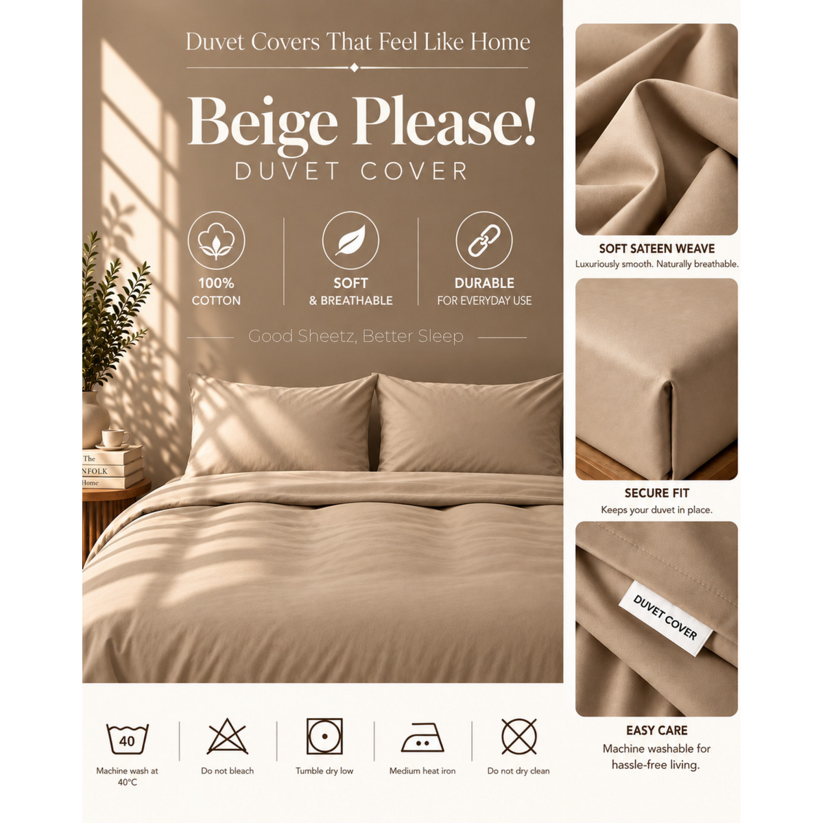 Housse de couette - Satin de coton 400 fils au pouce - Beige Please!