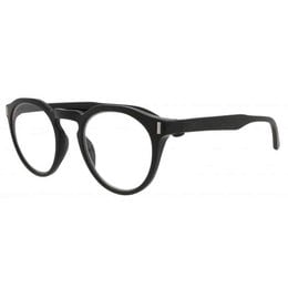 Round, black-framed eyeglasses with a classic style. The frames have a lightweight, plastic construction and are suitable for vision correction.