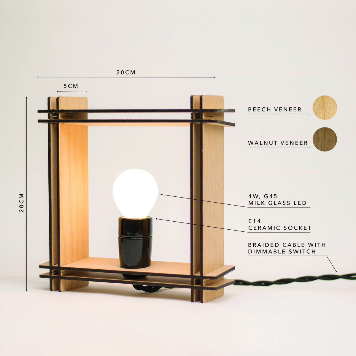 Hashtag LAMP No. 1 quadratisch Walnuss – Minimalistische dimmbare Tischlampe – Weihnachtsgeschenk