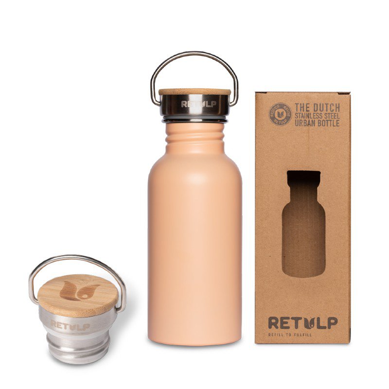 RVS drinkfles bamboe dop 500 ml steel PINK