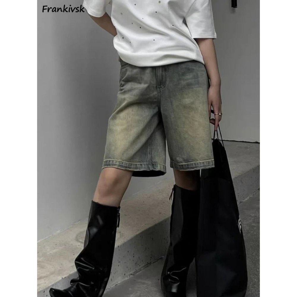 S-4XL Denim Shorts Women Chic Leisure Streetwear High Waist Korean Style Summer Knee Simple Comfortable Students Clothing New