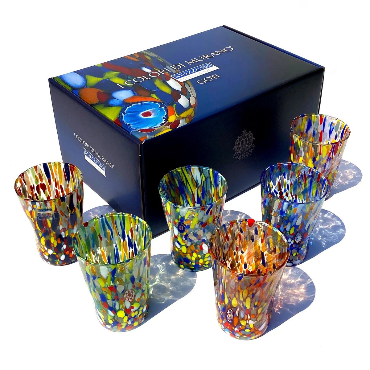 6 Klassische Babiti -Brille in Hand blasen und handgefertigt mit Murrine di Murano, "I Colori di Murano" Linie 390 ml. In Italien gemacht