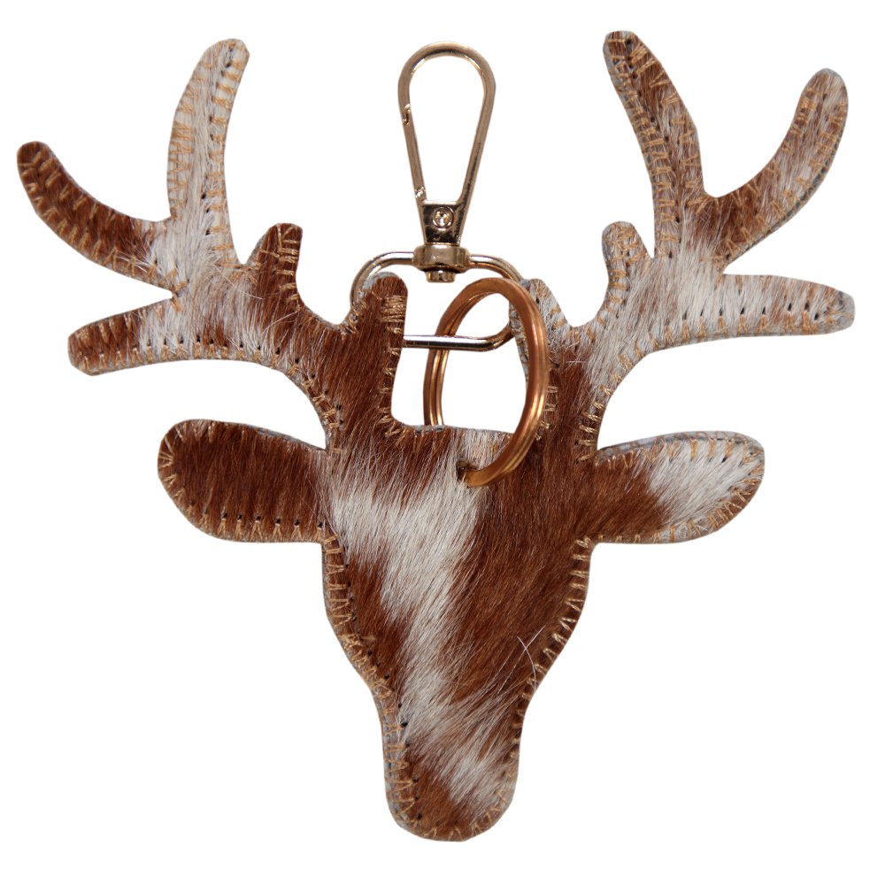 Sleutelhanger koeienhuid hert bruin/wit medium 11 cm goud