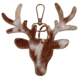 Sleutelhanger koeienhuid hert bruin/wit medium 11 cm goud