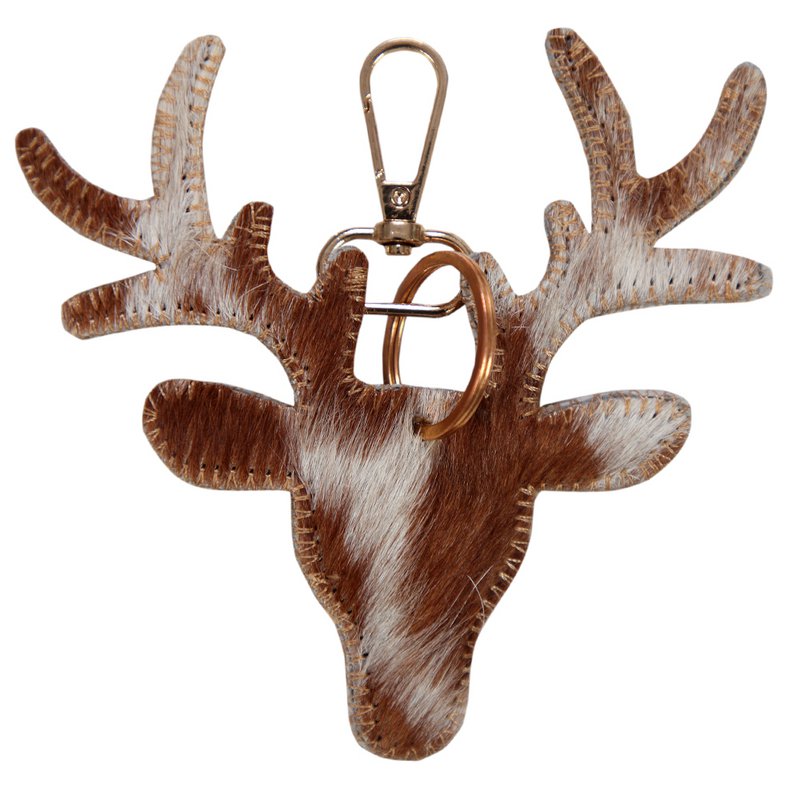 Sleutelhanger koeienhuid hert bruin/wit medium 11 cm goud