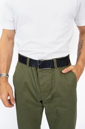 Navy blue leather belt for men, 40mm wide, with a silver-toned metal buckle.