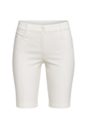White denim bermuda shorts, knee-length, classic summer style, women's casual wear, light wash denim.
