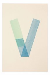 Poster with a large letter V in shades of blue and green, framed by a green leaf.