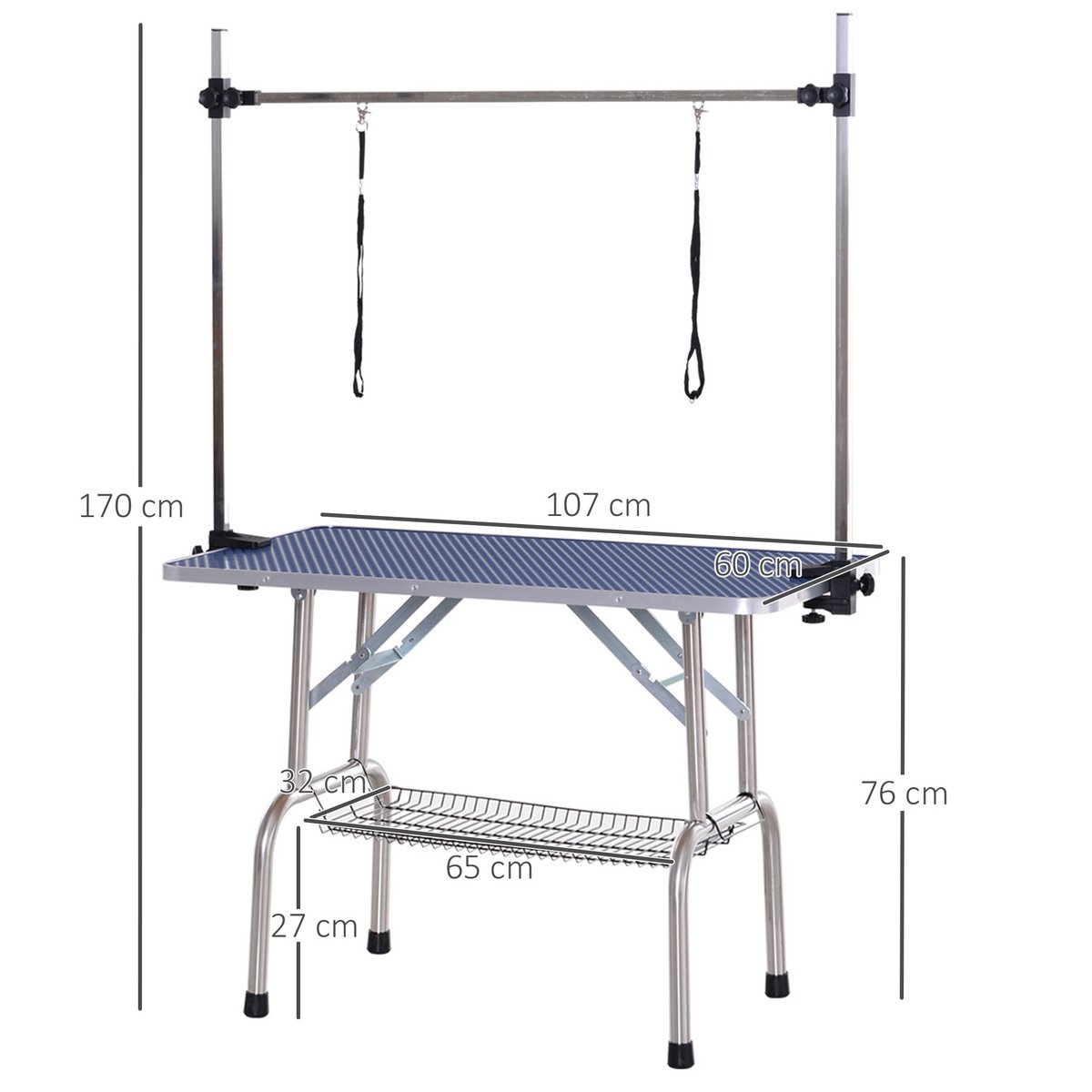 Trimming table for dogs, dog grooming table, foldable, pet grooming table with height-adjustable boom, slings, non-slip surface, shearing table up to 150 kg, 91.5 x 61.5 x 76 cm, black