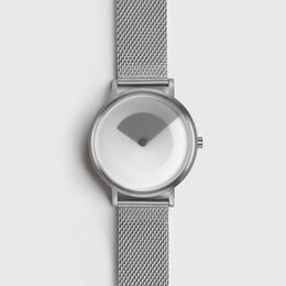 Silver-toned gradient watch with a stainless steel mesh band.