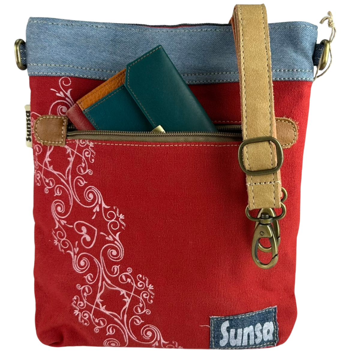 Sunsa dames schoudertas. Schoudertas gemaakt van upcycled jeans en canvas. Handtas vintage retro-stijl. Crossbodytas voor dames.