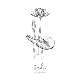 A black and white illustration of a lotus flower, representing the birth flower for July. The text "Birth flower tile | July" indicates this is a decorative tile or artwork featuring the July birth flower.