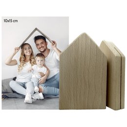 Wooden photo/card stand in beige color, made of beech wood, measuring 10 x 7.5 x 2 cm.