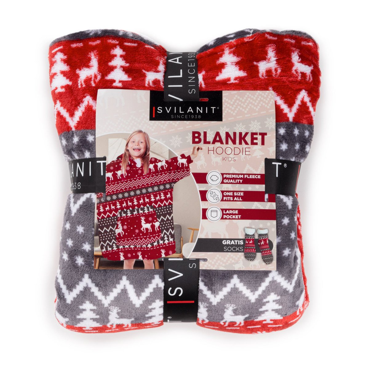 Vitapur - Hoodie deken + sokken kind - Rood Kerst