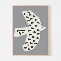 A minimalist wall art print featuring a stylized bird silhouette in black and white against a gray background. The bird's body is composed of various triangle shapes, creating a geometric and abstract design.