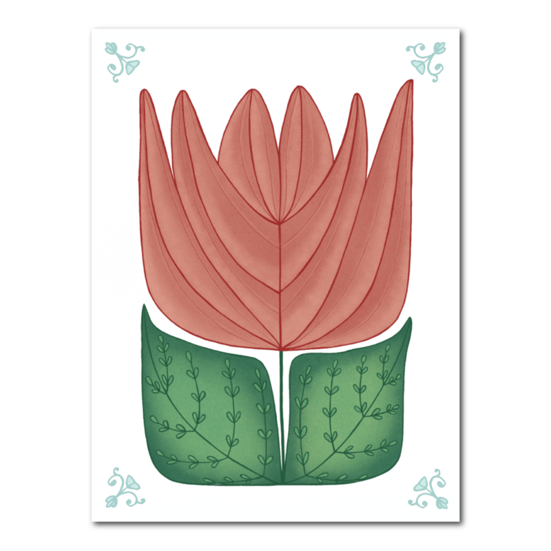 Cool flise med tulipan og blå detaljer