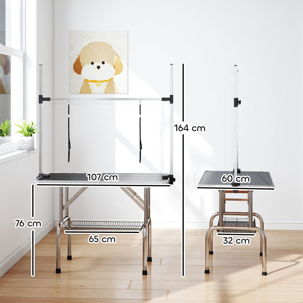 Trimming table for dogs, dog grooming table, foldable, pet grooming table with height-adjustable boom, slings, non-slip surface, shearing table up to 150 kg, 91.5 x 61.5 x 76 cm, black