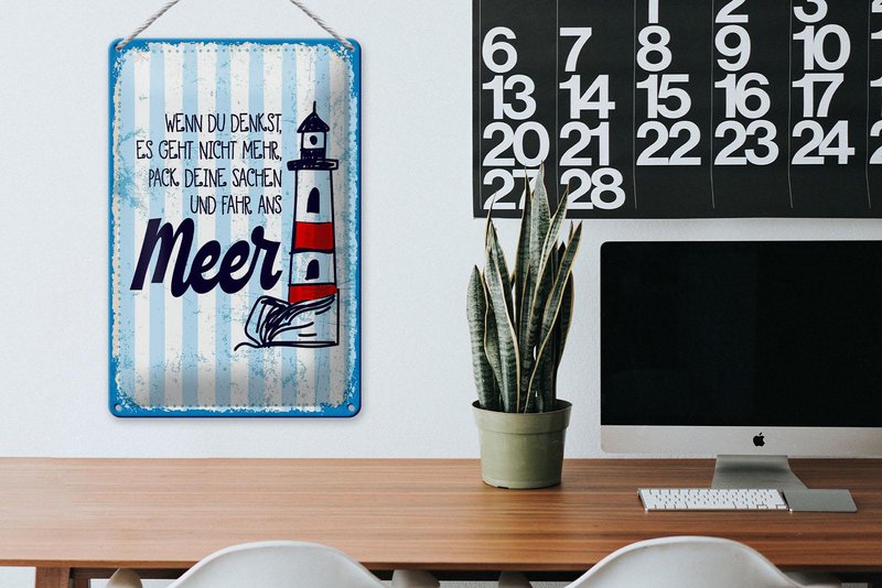 Blikskilt med teksten 20x30 cm Pak dine ting og gå til havets dekorative skilt