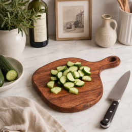 Rustic wooden cutting board, acacia wood, round paddle shape, natural brown finish, kitchen serving board.