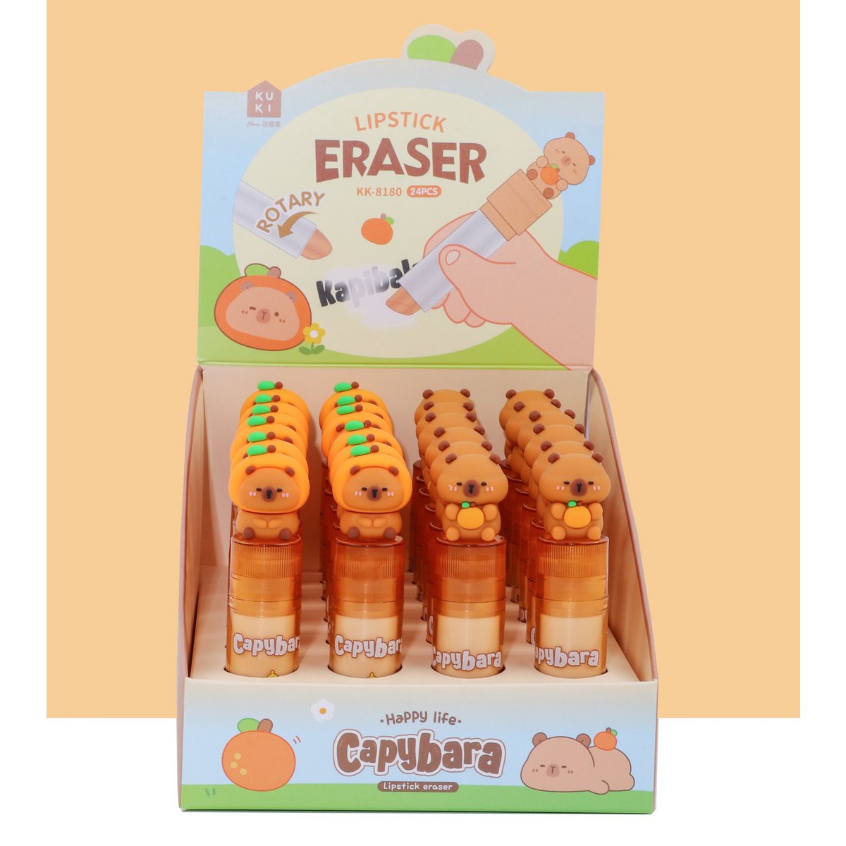 Capybara Lipstick Erasers - Kawaii Rotary 24pcs