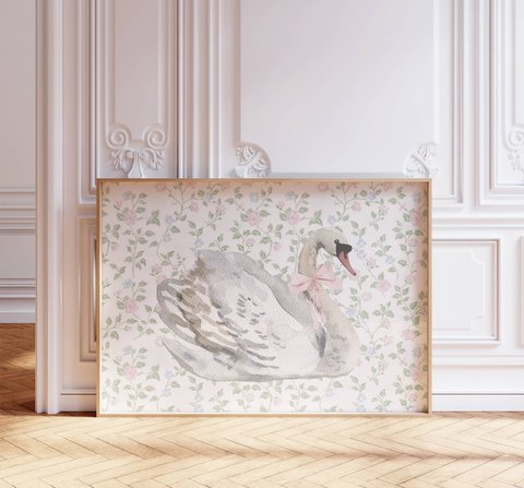 Swan mit rosa Bogenplakat, Vintage -Schwanplakat, rosa Bogenabdruck, Girls Bogenplakat, rosa Mädchenzimmerplakat, Mädchen -Kindergarten -Poster
