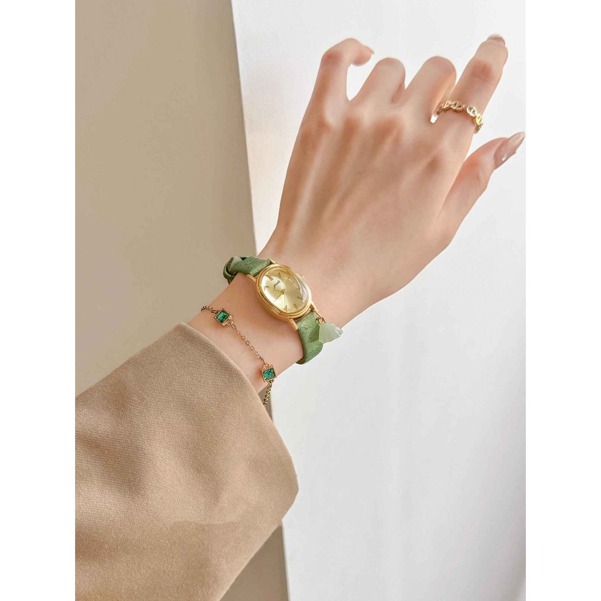 Pesto - Vintage groen leren dameshorloge