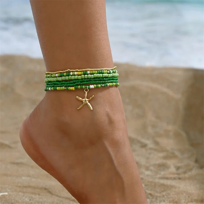 Bohemia Multilayer Rice Bead Ankelsæt til Kvinder Fashion Starfish Vedhæng Ankelkæder Sommer Sandstrand Ankelkæde På Ben Smykker