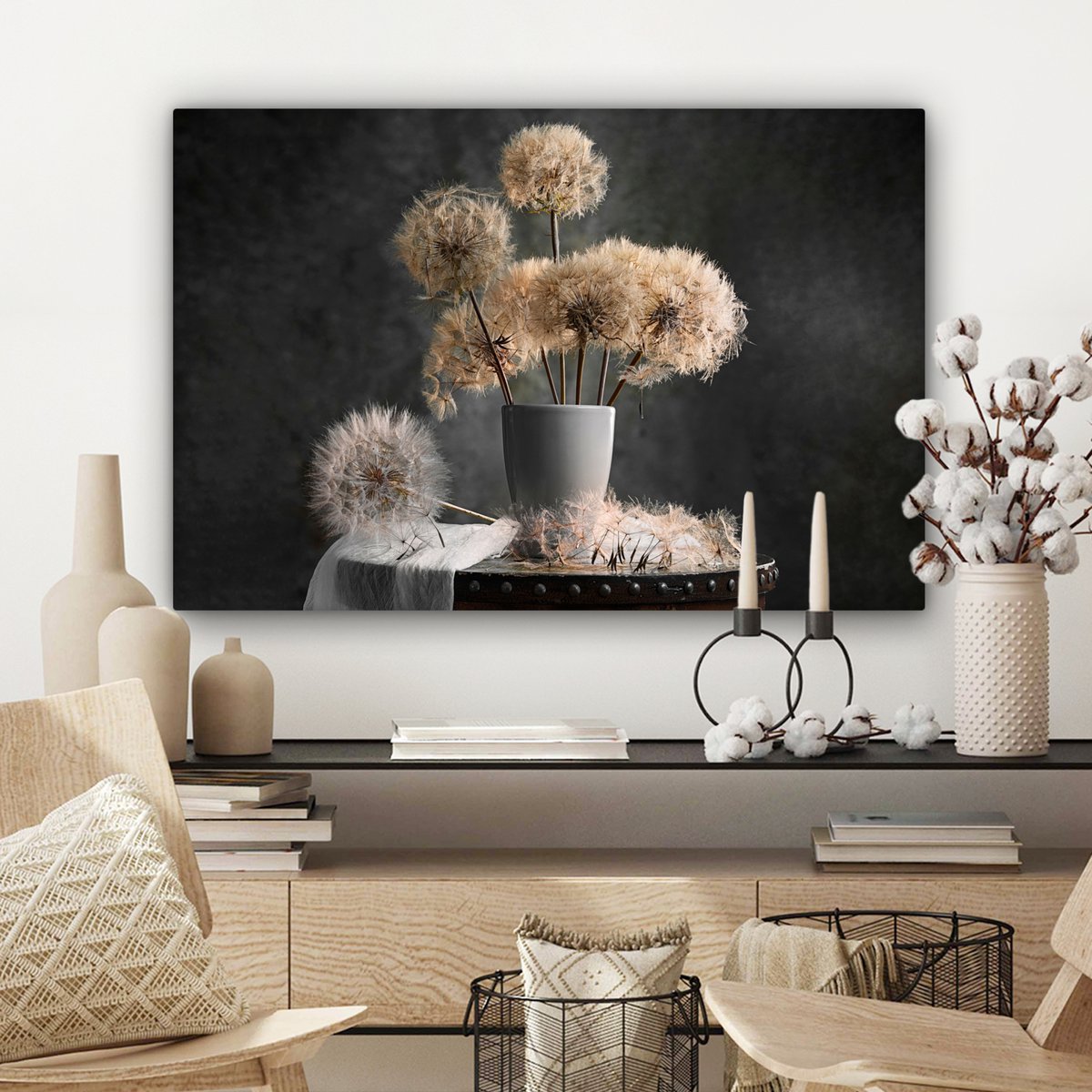 Leinwand Malerei - Wanddekoration - Blumensamen - Löwenzahn - Vase - Stillleben - Bouquet