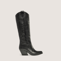 Black texan cowboy boots, tall knee-high western boots, chunky heel, suede leather material, classic style