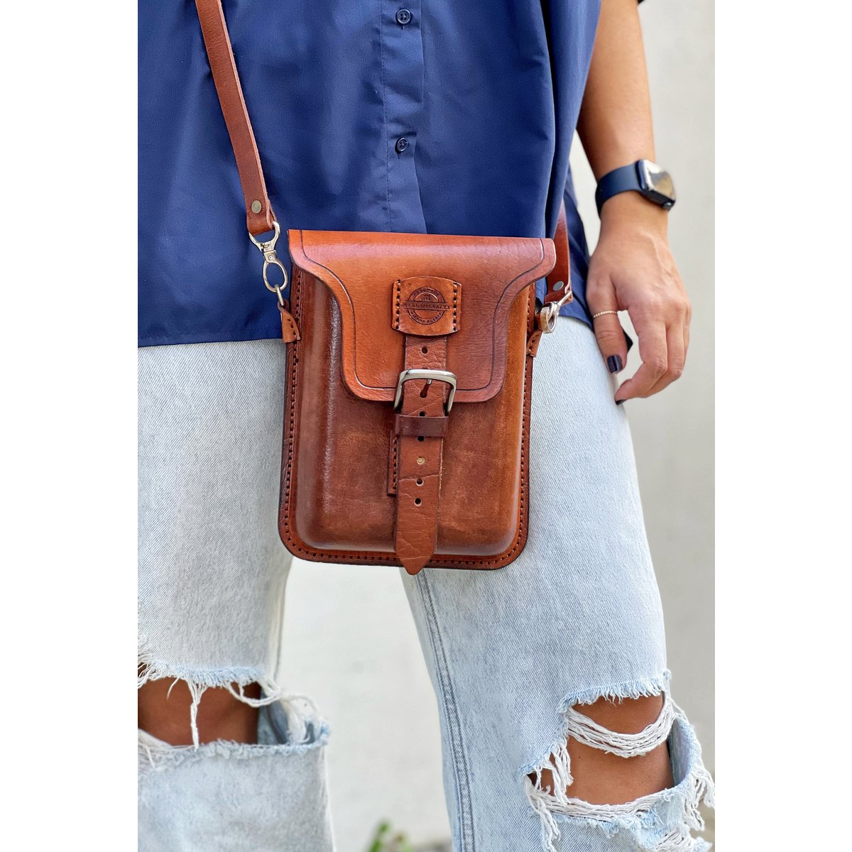 Handgemaakte lederen crossbody tas - korst koeienhuid leer