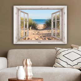 Canvas Maleri - Wall Decoration - View - Beach - Sea - Dunes - Sand - Water - Helmgras